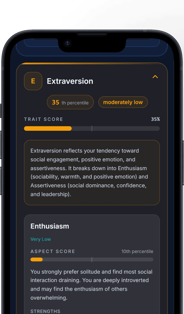 iPhone showing a Big Five Extraversion trait report with scores and AI insights.