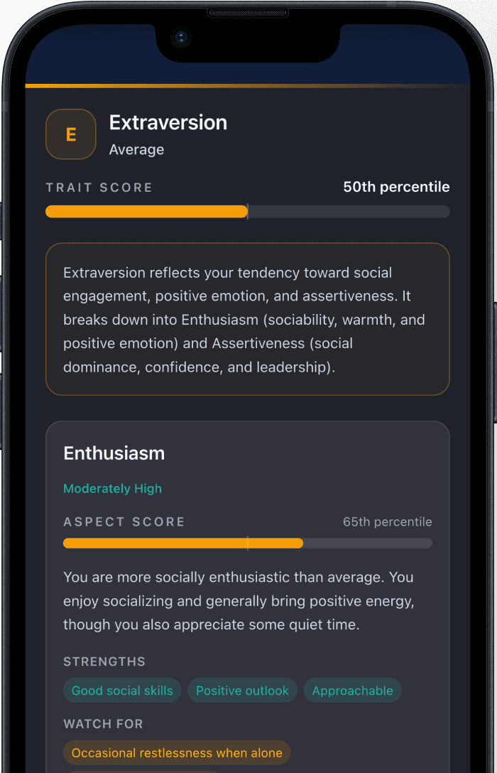 iPhone showing a Big Five Extraversion trait report with scores and AI insights.